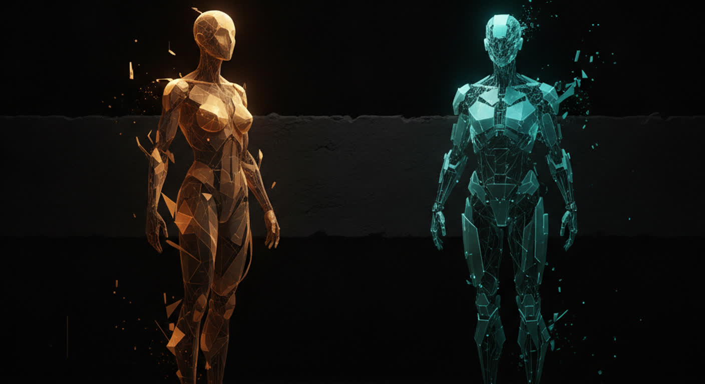 A dark boundary line with an amber human identity on one side and a teal agent identity on the other