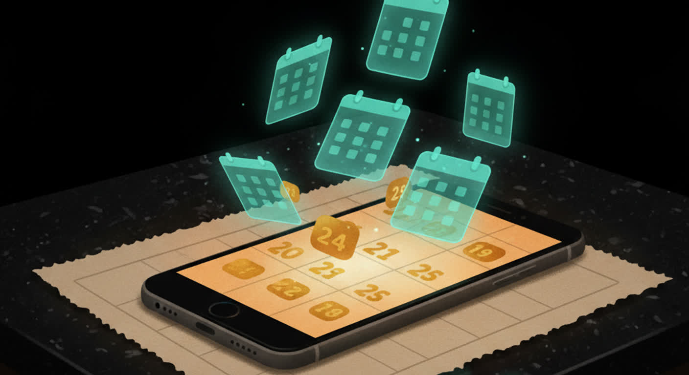 A phone on a kitchen counter photographs a paper school calendar as the dates float up into glowing calendar cards