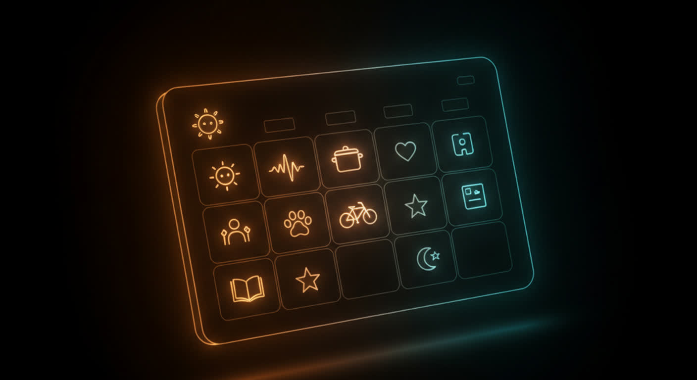 A family calendar on a dark screen with a small emoji next to each event