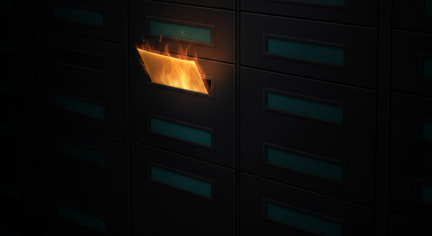 A dark filing drawer of empty slots with a single amber document sliding into place