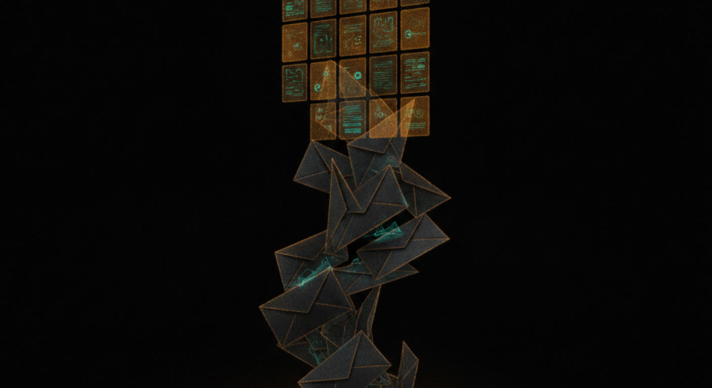 Dark email envelopes resolving into a neat grid of amber document tiles