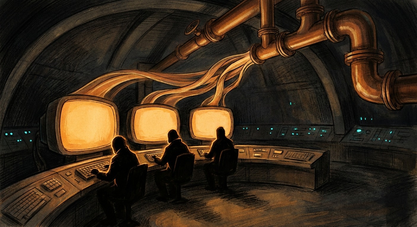 Three silhouetted figures at keyboards in a dark control room, amber data streams flowing between their screens and out into a network of pipes overhead, suggesting simultaneous coordinated work