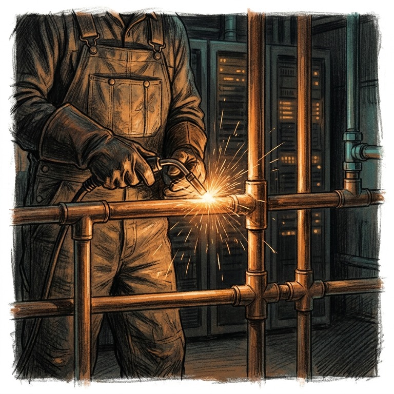 A welder welding amber pipes into a circuit-board pattern feeding glowing servers in the distance