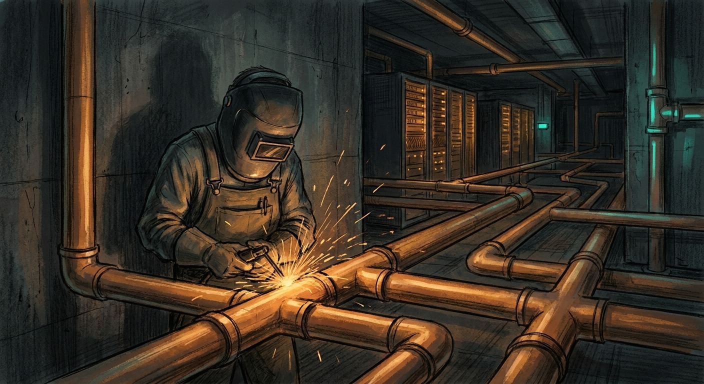 A worker in overalls welding amber pipes together in a dark industrial space, the pipes forming a circuit-board pattern that feeds into glowing servers in the distance
