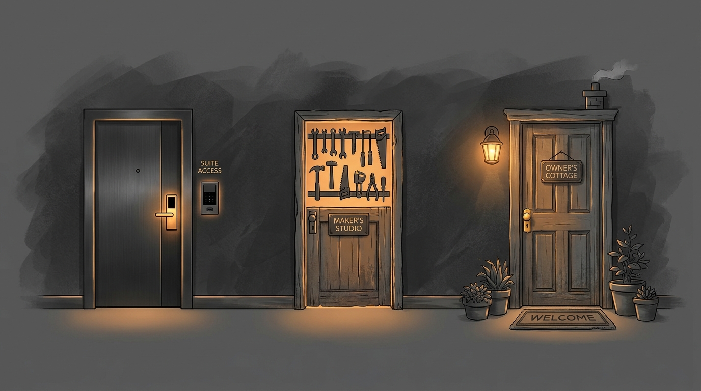 Three doors side by side. The first is a hotel room key. The second is a workshop with tools. The third is a turnkey house with a porch light on. Charcoal and amber palette.