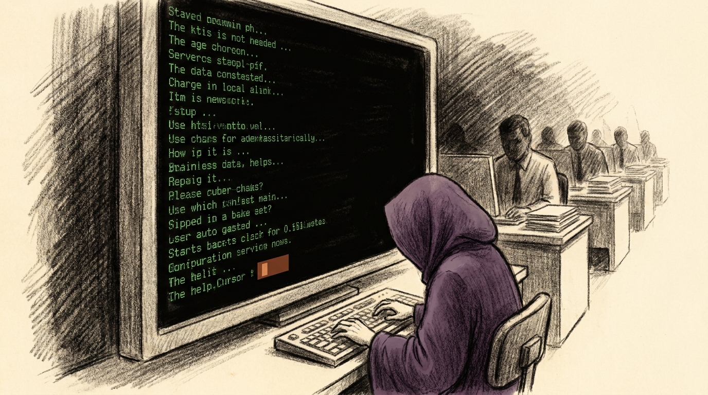 Charcoal sketch of a dark terminal window with green text scrolling, a small calm figure in deep purple typing at the keyboard, while in the background a row of office workers doing repetitive paper-shuffling work fades into shadow, burnt sienna accent on the blinking cursor