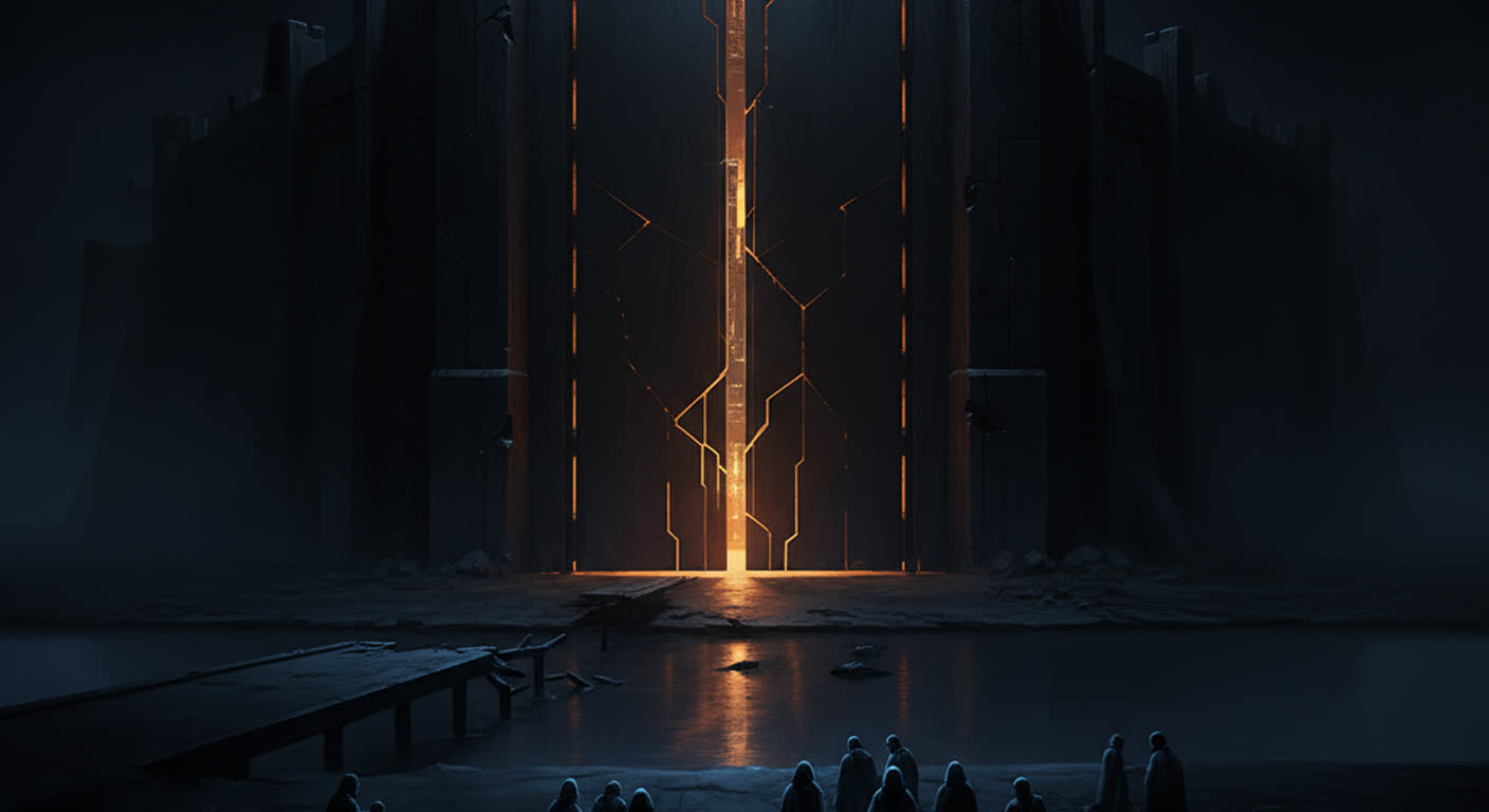 A massive dark fortress gate with a single seam of warm amber light glowing down its centre, a broken pier reaching across a black moat, and a small group of cloaked figures standing outside in the cold blue shadow, locked out