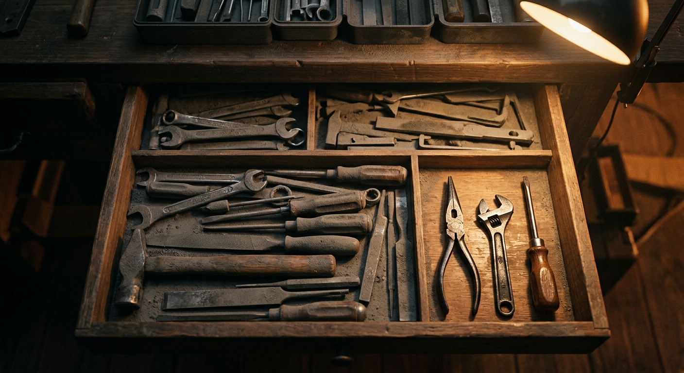 An open wooden workshop drawer where almost every tool is covered in grey dust, except three shiny worn tools in the corner compartment that clearly get used every day