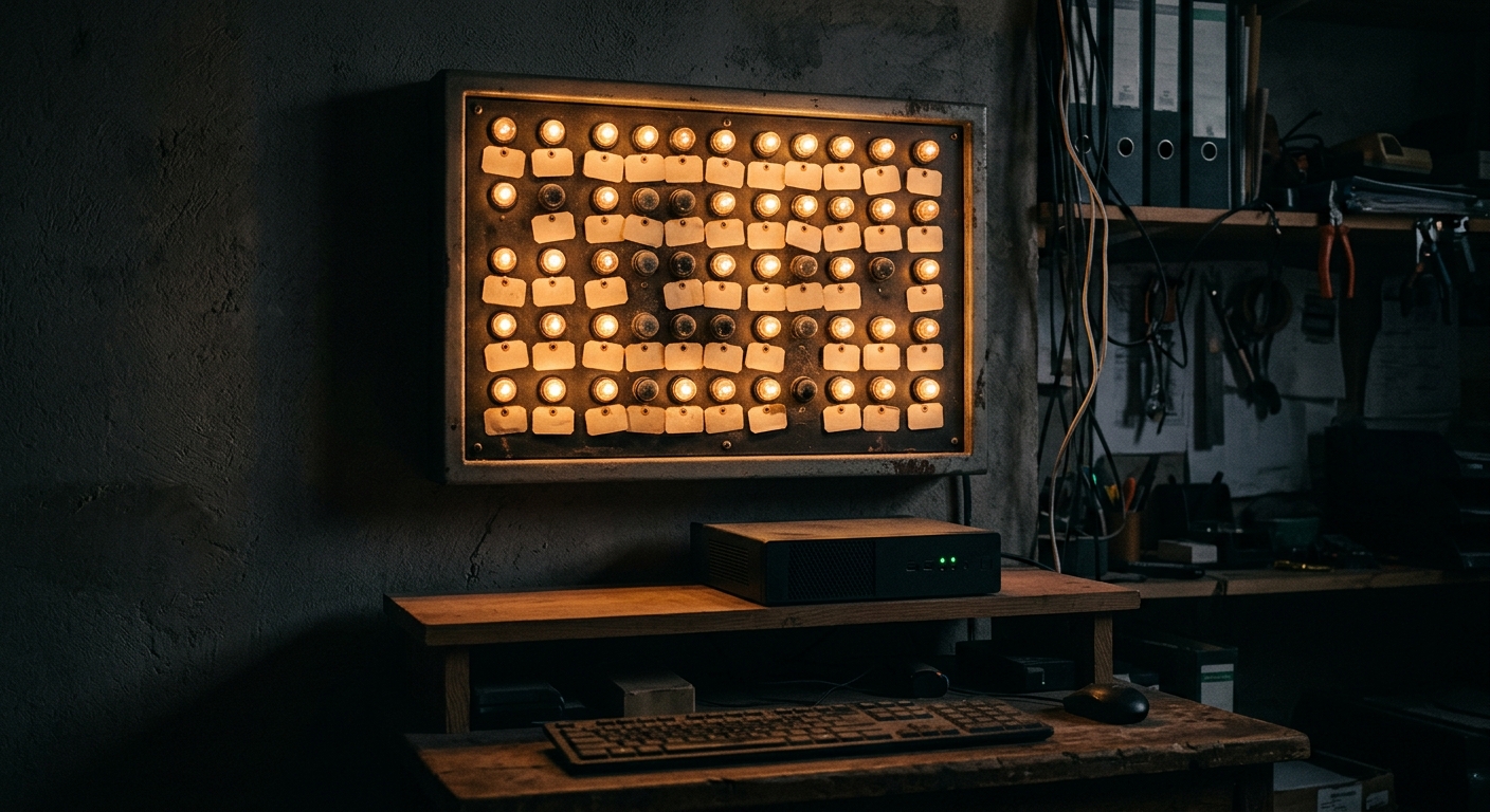 A wall board of vintage amber indicator lights in a dark workshop, most glowing warm but a cluster of them dark and dusty, above a small black mini computer that is still running with healthy green lights