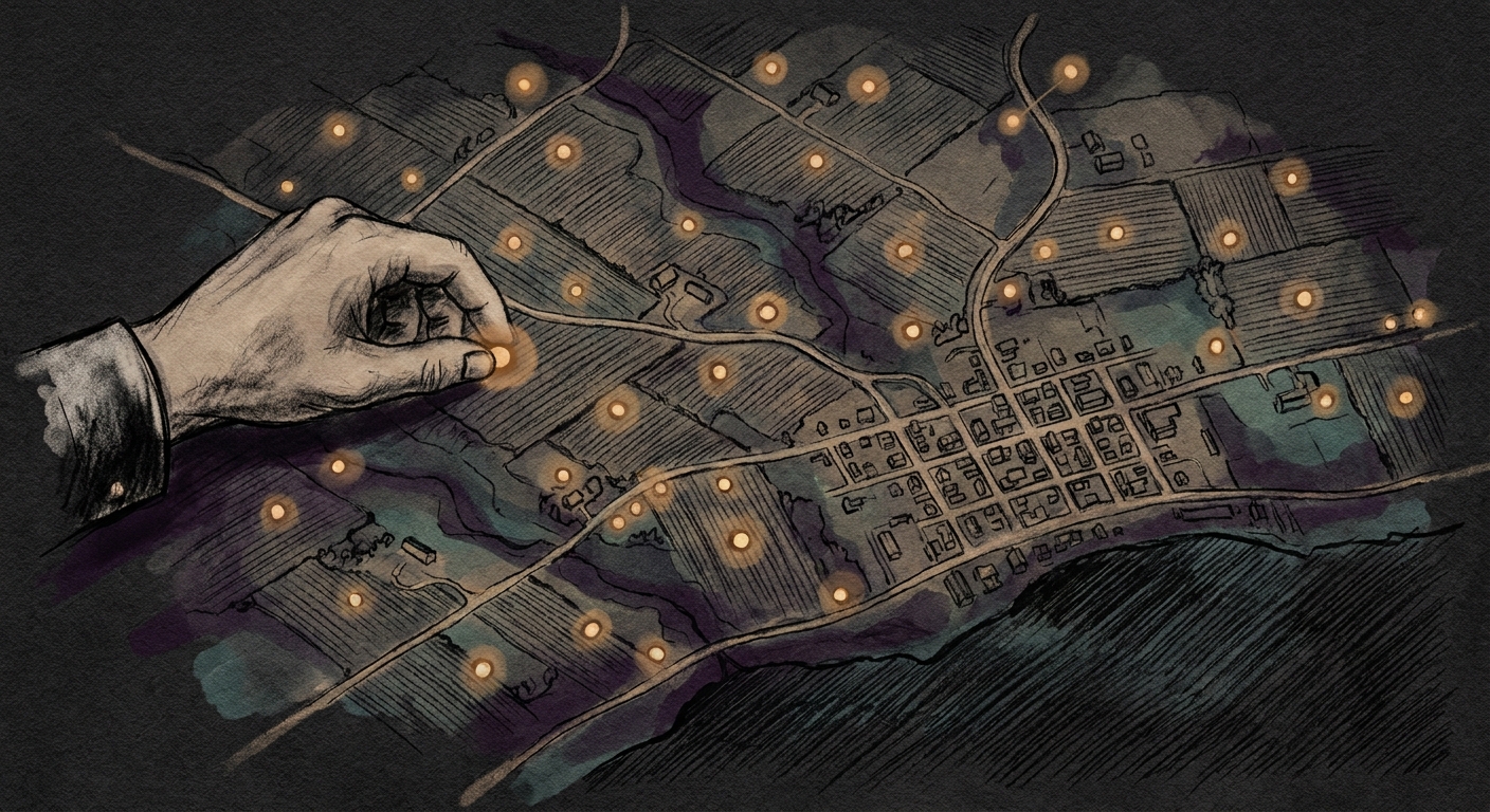 Charcoal-sketch overhead view of a rural Ontario map with four amber lights simultaneously glowing at four small-town locations. Four sketched hands enter the frame from different edges, each placing one of the four lights at the same moment