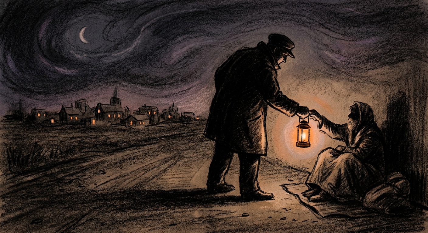 Charcoal-and-amber illustration of a figure handing a glowing amber lantern to a stranger on a dark country road, with a distant small town under a charcoal-blue night sky