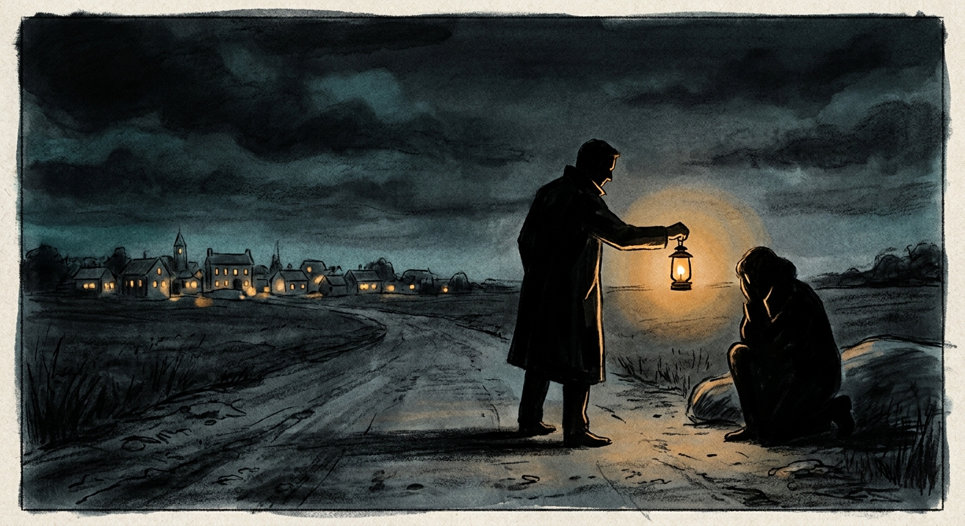 Charcoal-and-amber illustration of a figure on a dark country road at night, handing a small glowing amber lantern to a stranger seated at the roadside, with a distant small town of warm amber-lit windows glowing under a charcoal-blue sky