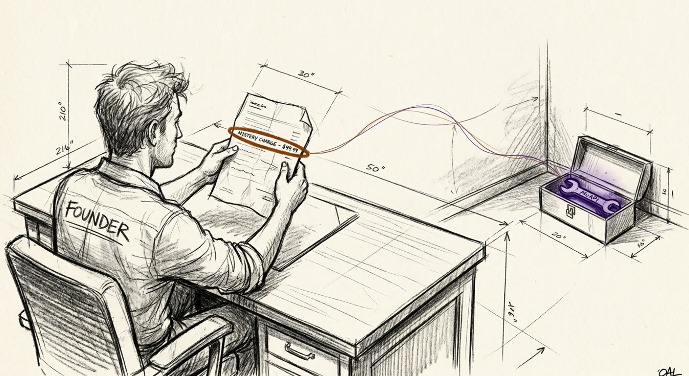 Charcoal sketch of a founder holding a credit card statement with one mysterious line highlighted in burnt sienna, a thread arcing across to a toolbox where his own tool labeled MuAPI glows in deep purple