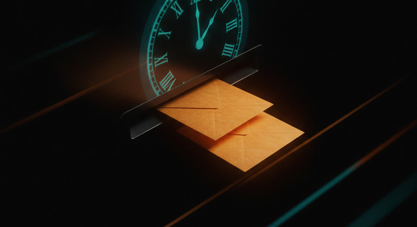 Two identical amber envelopes dropping into the same dark inbox slot with a teal clock above