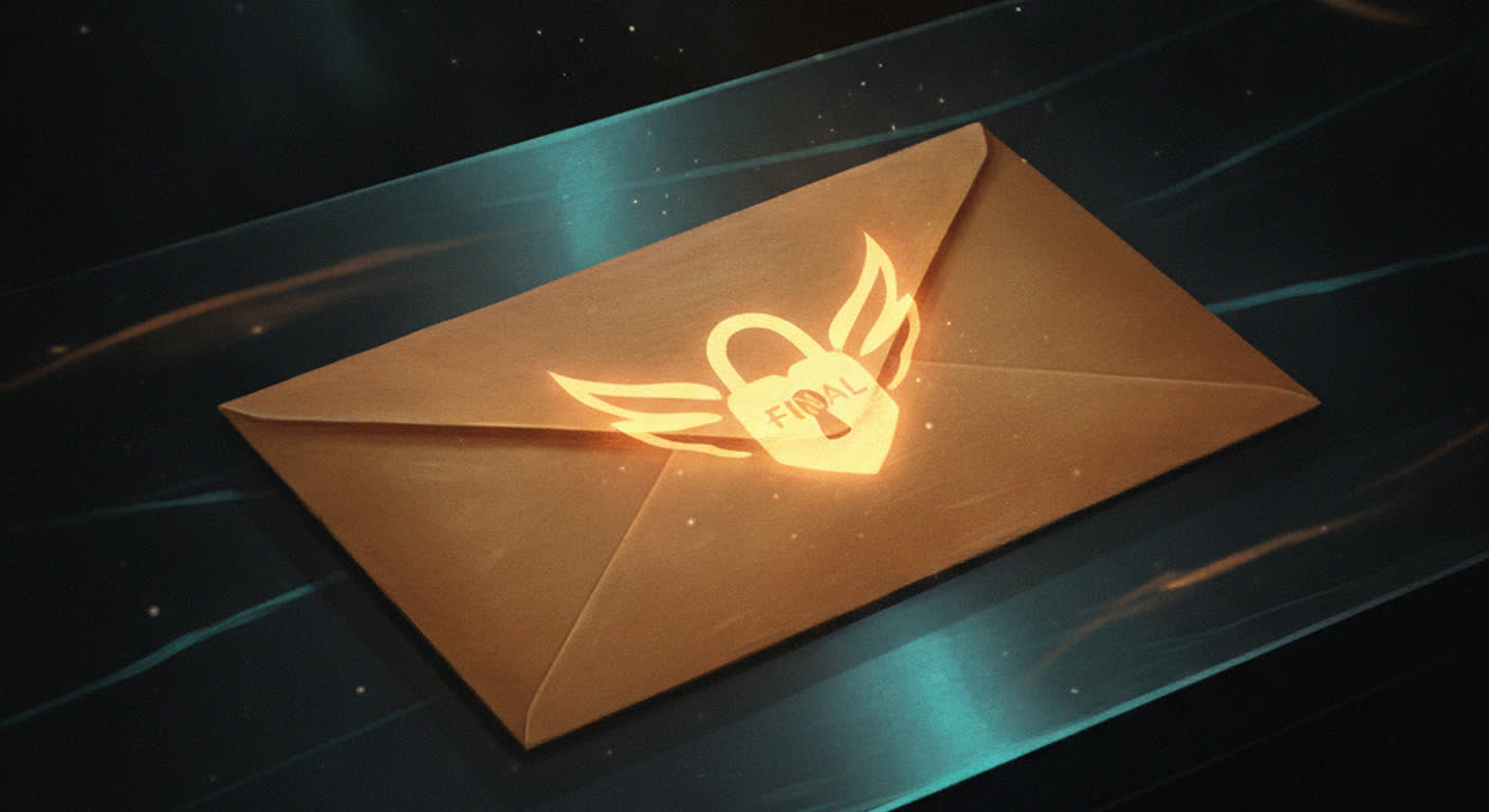 A single amber envelope sealed with a glowing lock resting on a dark desk