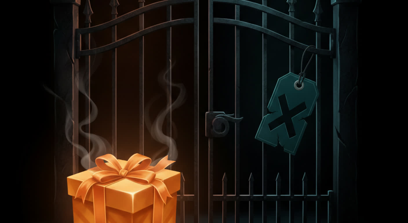 A glowing amber gift box on one side of a dark gate and a teal sales tag blocked on the other