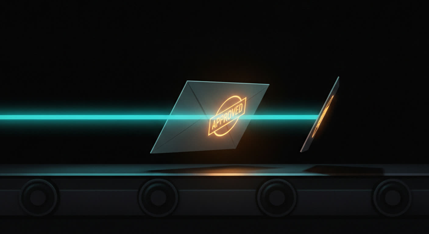 A letter passing through a teal scanner beam on a dark conveyor, one approved in amber and one stopped
