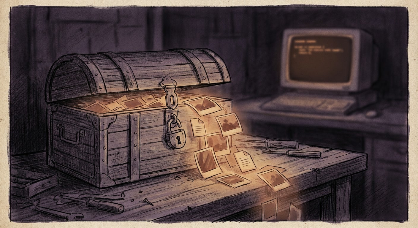 A dim workshop scene with a broken download arrow icon shattered on a workbench while a glowing terminal nearby quietly streams files into a recovered archive box