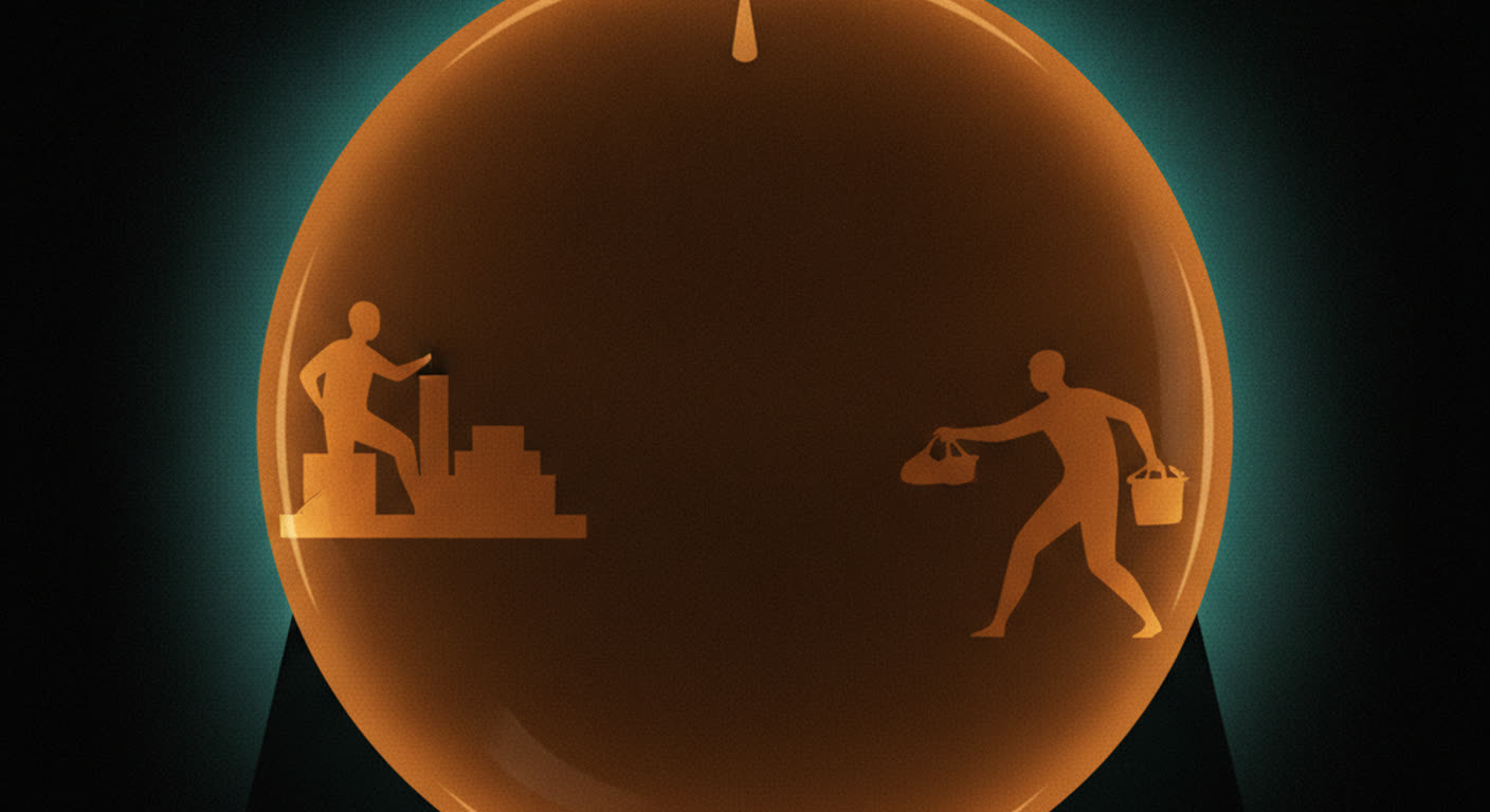 A large amber amplifier dial on a dark background with two faint figures reflected in its face, one building and one taking