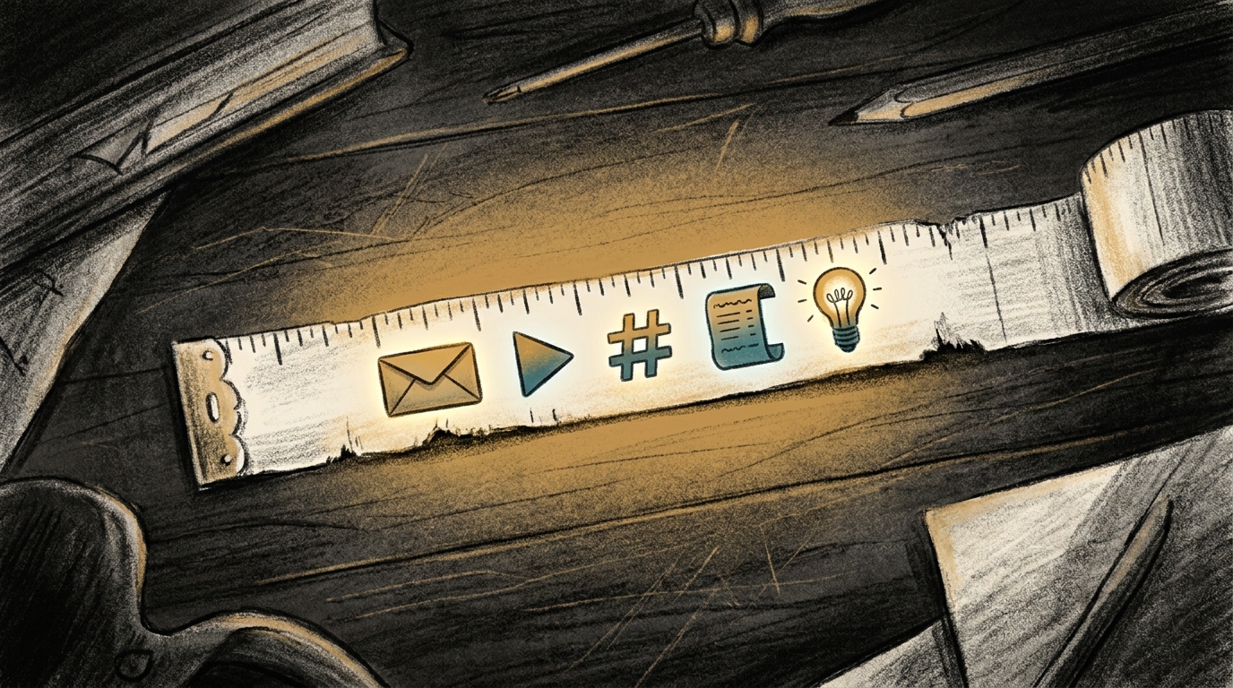 A vintage cloth measuring tape stretched across a dark wooden desk with each inch-mark represented by a small glowing icon of an email, video, hashtag, receipt, and idea, clustered most densely in the central amber-lit section