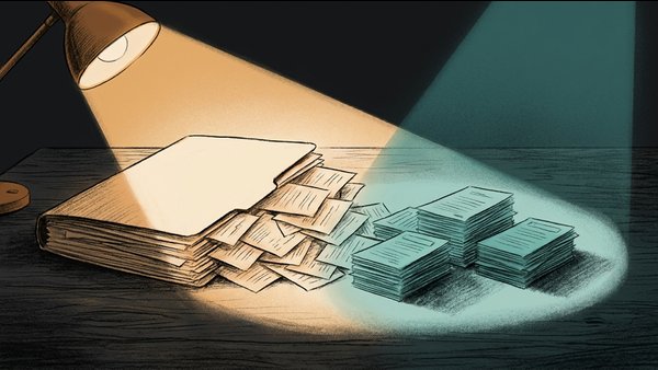 A warm charcoal-style illustration of a manila folder overflowing with loose papers, with an amber light beam resolving the chaos into neat teal-tinted stacks