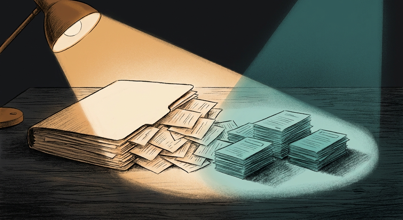 A warm charcoal-style illustration of a manila folder overflowing with loose papers on a dark desk, with a warm amber light beam slicing through and resolving the chaos into neat teal-tinted stacks on the right side
