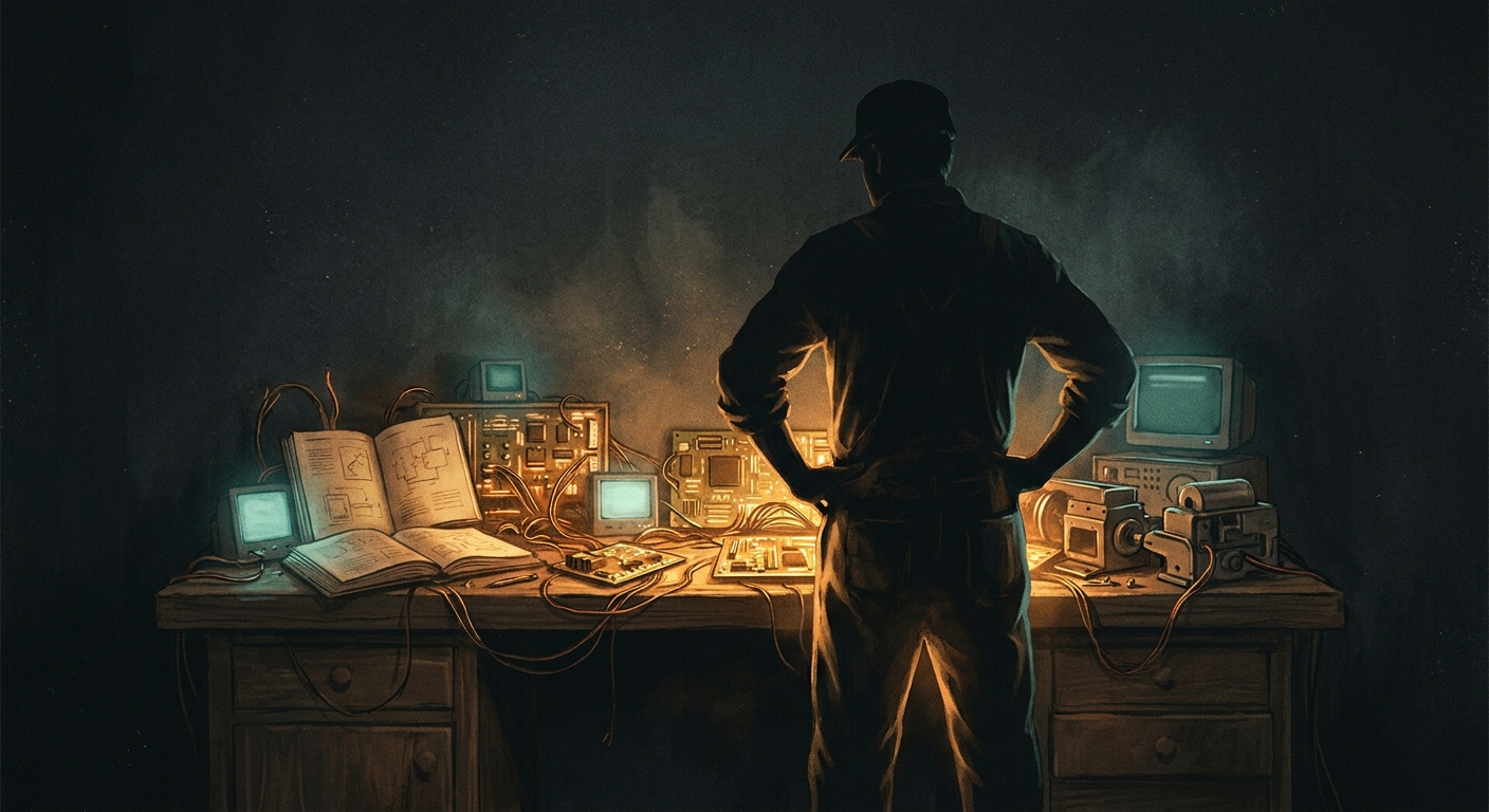 Silhouette of a skilled technician standing at a complex workbench covered in tangled wires and glowing amber circuit boards, scattered instruction manuals open beside a half-assembled machine, warm amber light from below against a dark background