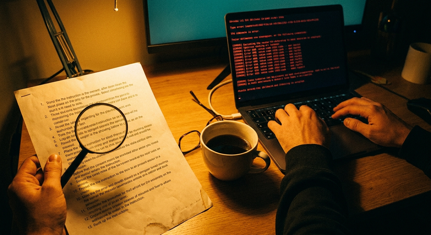 Close-up view of a desk with a printed instruction sheet on one side and a laptop showing terminal error messages on the other, a half-empty coffee cup between them, warm amber desk lamp casting light across the scene