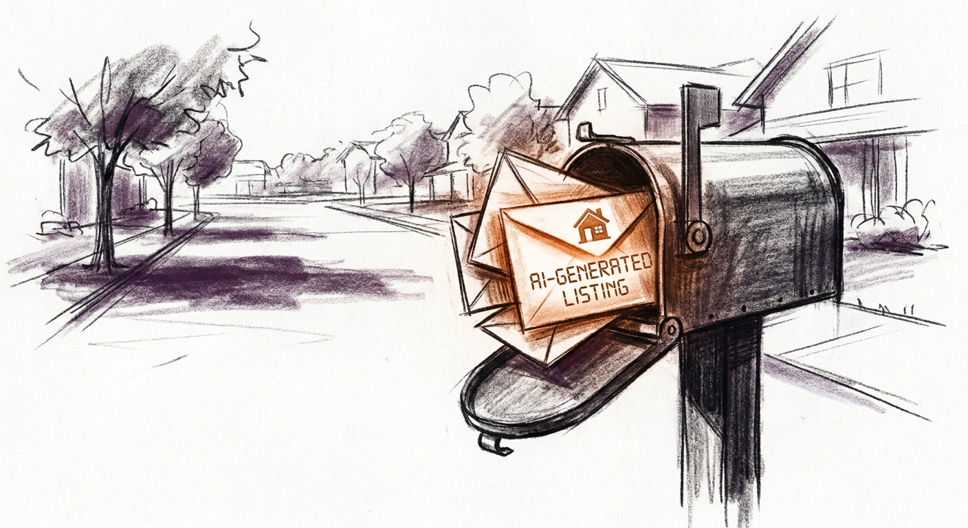 A mailbox at the end of a residential driveway with a single envelope glowing amber inside, the rest of the scene in cool twilight tones