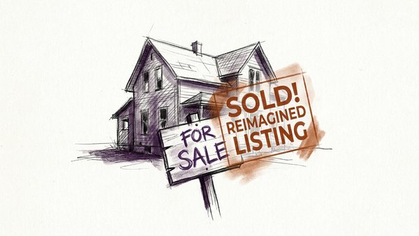 Charcoal sketch of a for-sale sign with a ghostly better version overlaid in warm sienna
