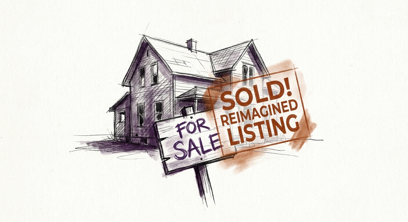 An empty house with a 'For Sale' sign in the yard at dusk, the sign glowing faintly amber while the house sits dark and unsold