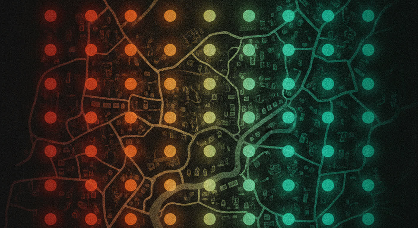 A dark town map overlaid with a grid of dots shifting from amber-red to teal-green