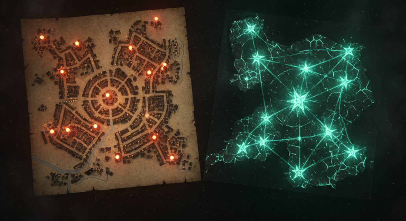 Two town maps side by side, the left covered in red pins and the right glowing with green stars