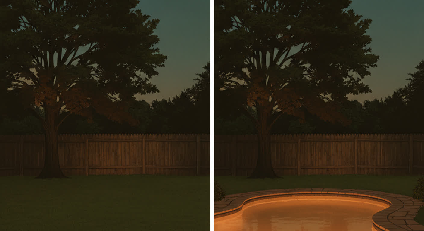 A backyard split in two, plain grass on one side and the same yard with a glowing pool on the other