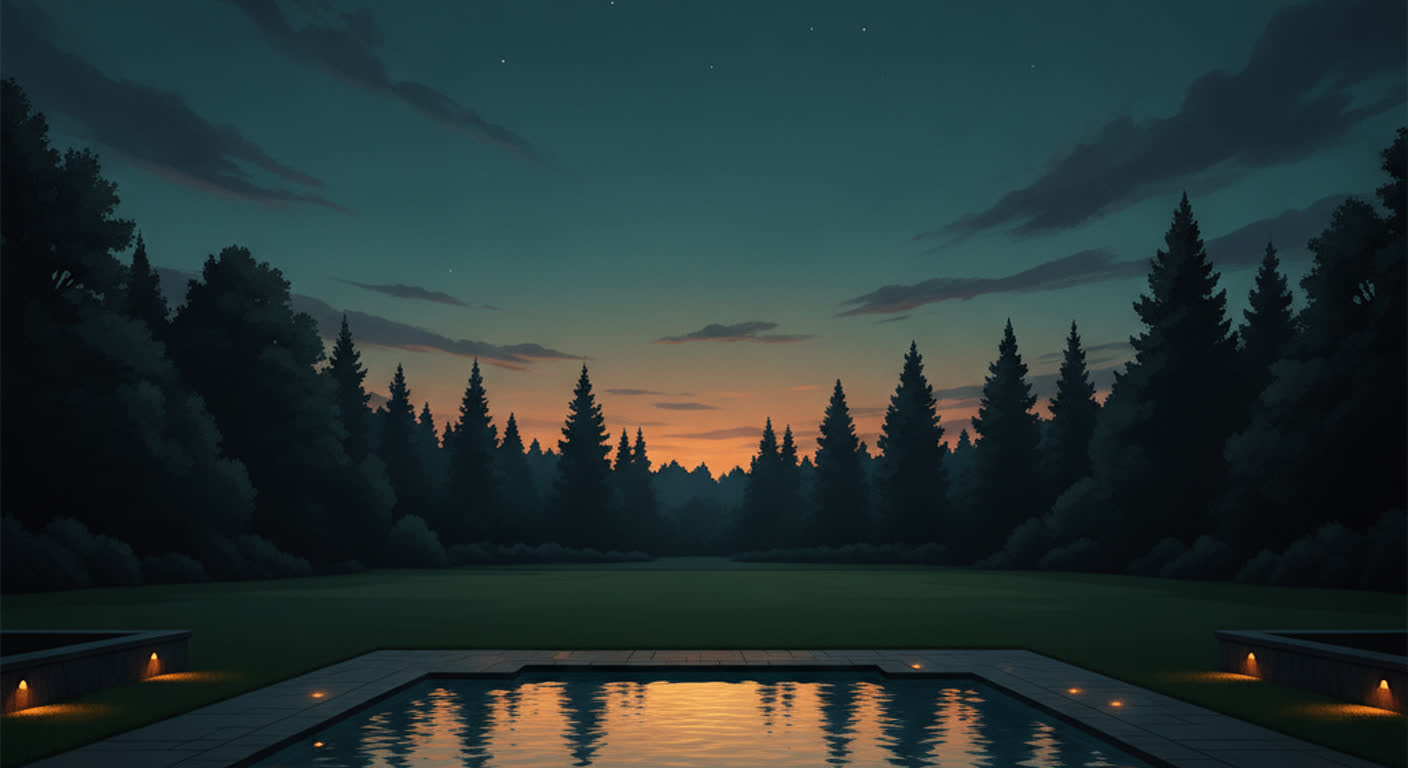 An open backyard at twilight with a calm lit pool