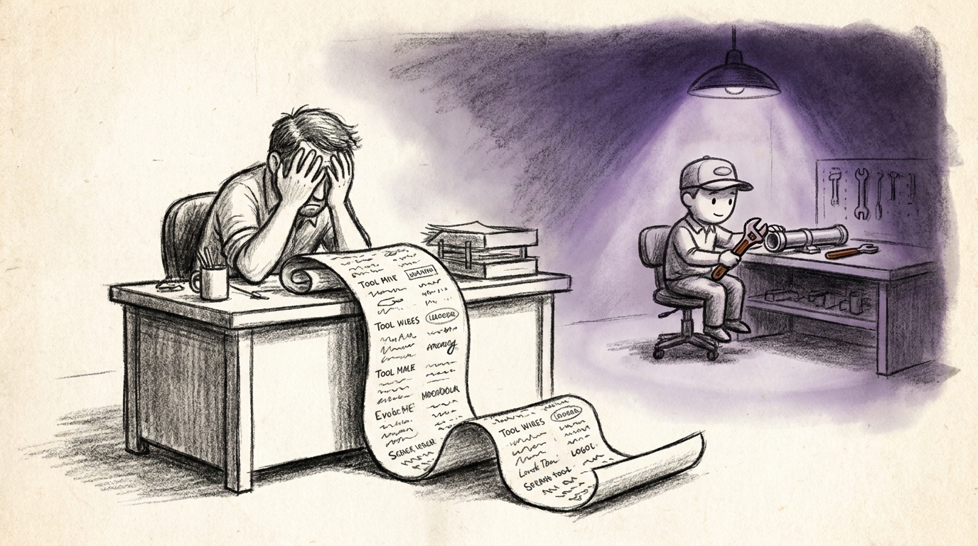 Charcoal sketch of a small business owner overwhelmed by an enormous paper shopping list of AI tools scrolling to the floor, with a calm agent figure at a tidy workbench in deep purple lamplight fixing one pipe with a burnt-sienna wrench