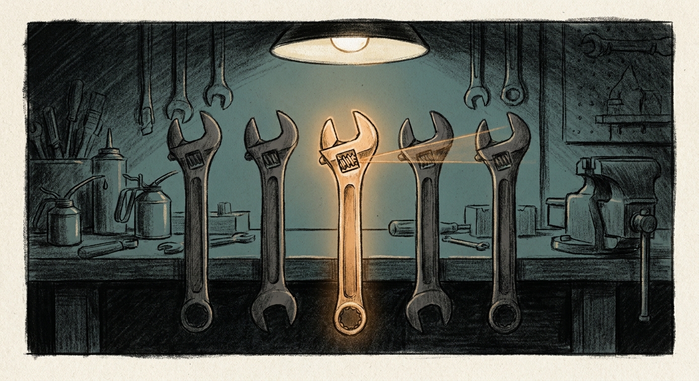 A mechanic's bench at night with multiple identical wrenches laid out in a row; a single wrench glows slightly while the others are dull, a thin beam of amber light picks out a tiny misaligned piece in its mechanism