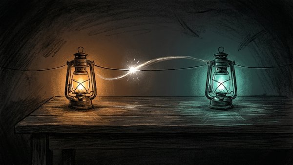 Two small glowing lanterns on a dark wooden table at dusk, one amber and one teal, connected by a thin telegraph wire with a single bright spark traveling along it