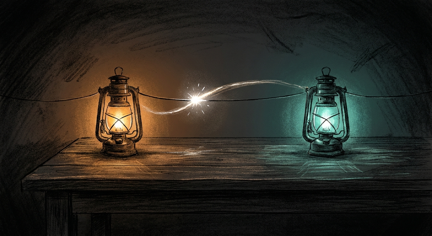Two small glowing lanterns on a dark wooden table at dusk, one amber and one teal, connected by a thin telegraph wire with a single bright spark traveling along it