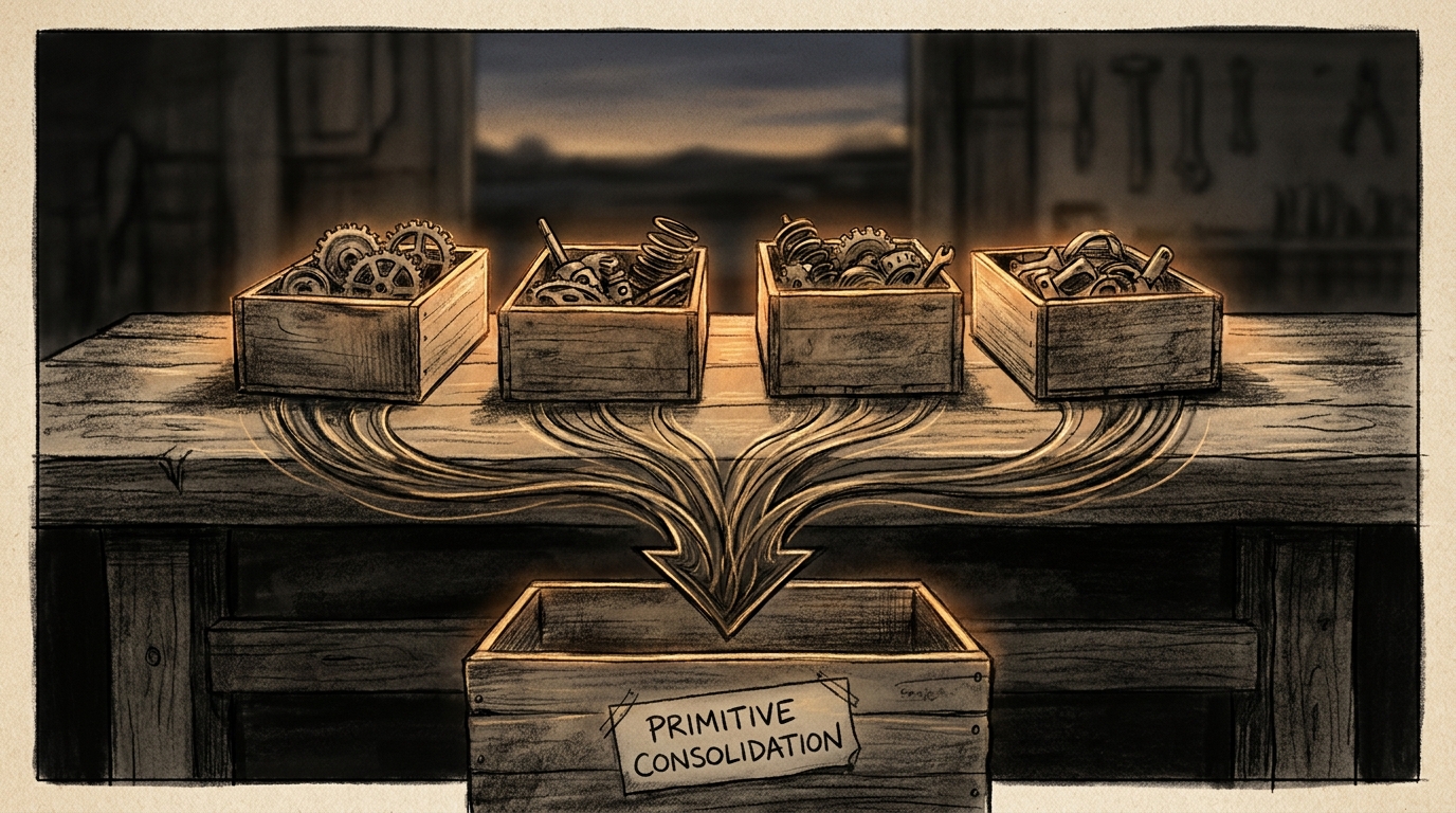 Charcoal and amber illustration of a workbench with four parts boxes consolidating into one labeled crate, soft warm light, no people