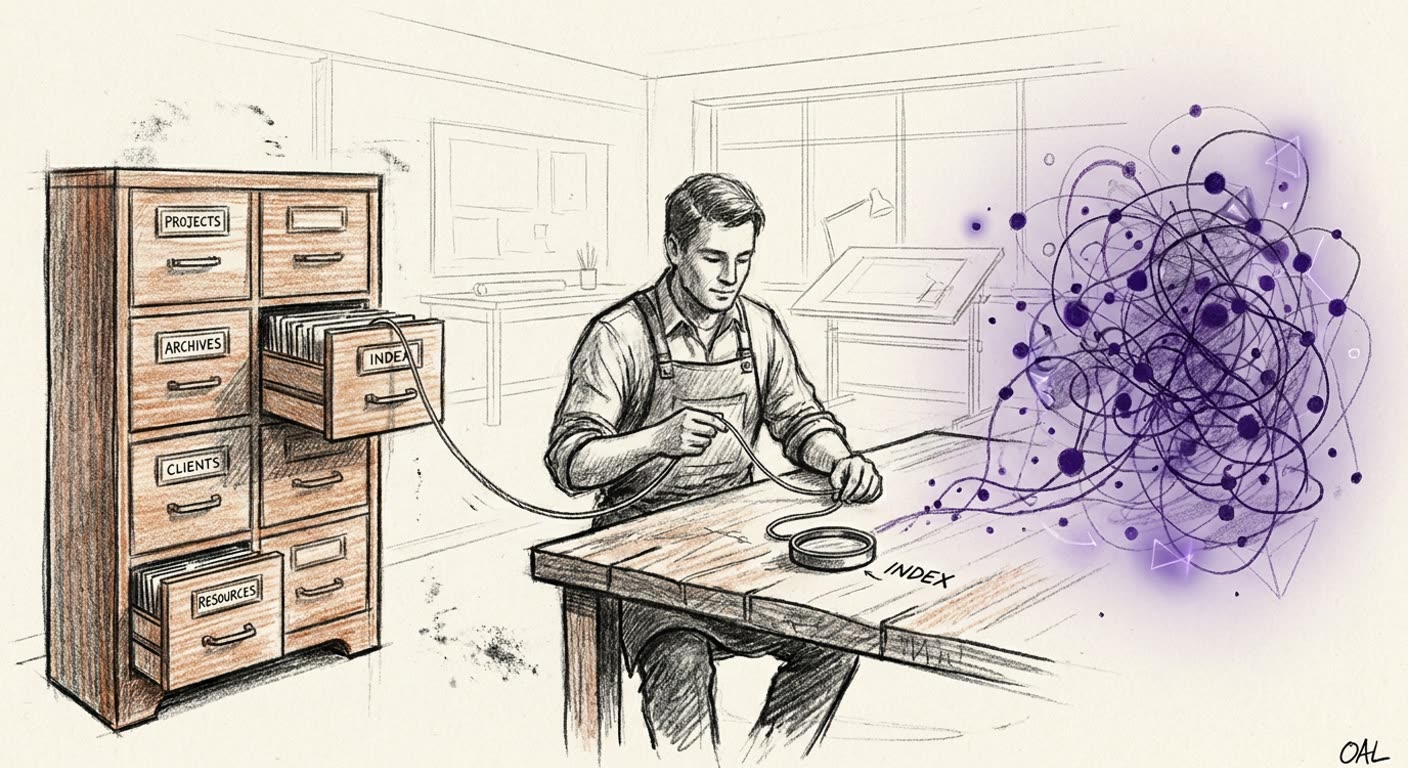 Charcoal sketch of a founder choosing between an organized file cabinet and a tangled glowing vector cloud, tying a thread from cabinet to a small lens labeled index