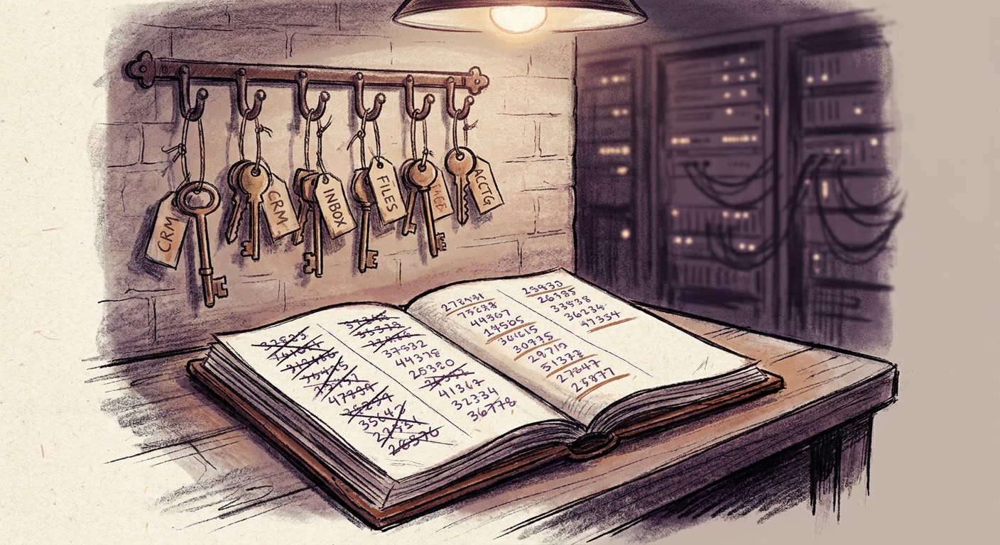 A worn ledger lying open on a server-room workbench showing two columns of numbers with one column crossed out, while a set of keys hangs above marked SYSTEMS, ACCESS, EVERYTHING in faded ink