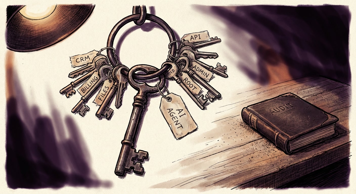 A skeleton key labelled AI AGENT hanging on a heavy iron ring crowded with system-name keys for CRM BILLING FILES MAIL ADMIN ROOT DB API, with a closed dusty notebook labelled AUDIT sitting unopened beside the ring
