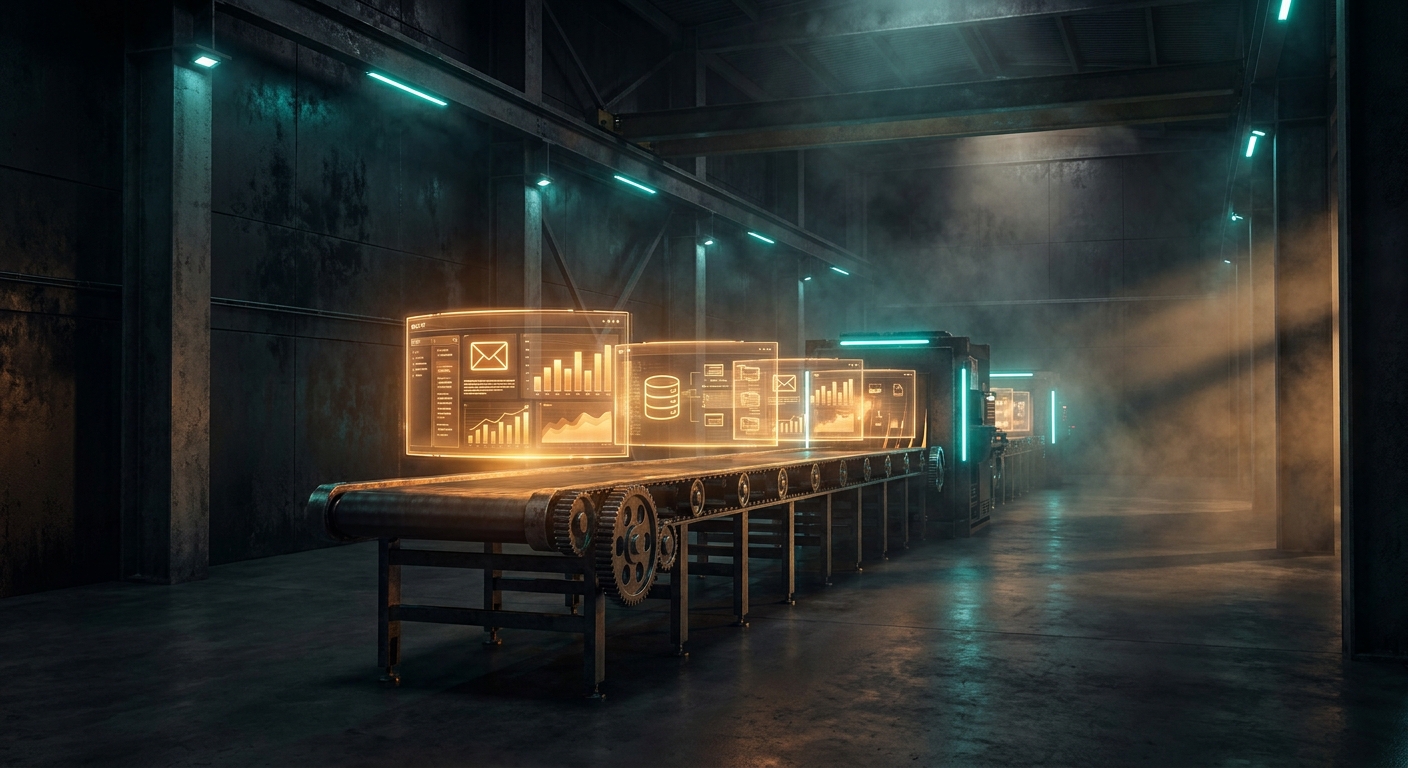 A dark industrial warehouse with a conveyor belt carrying glowing amber holographic business dashboards, CRM interfaces, and email windows through volumetric haze