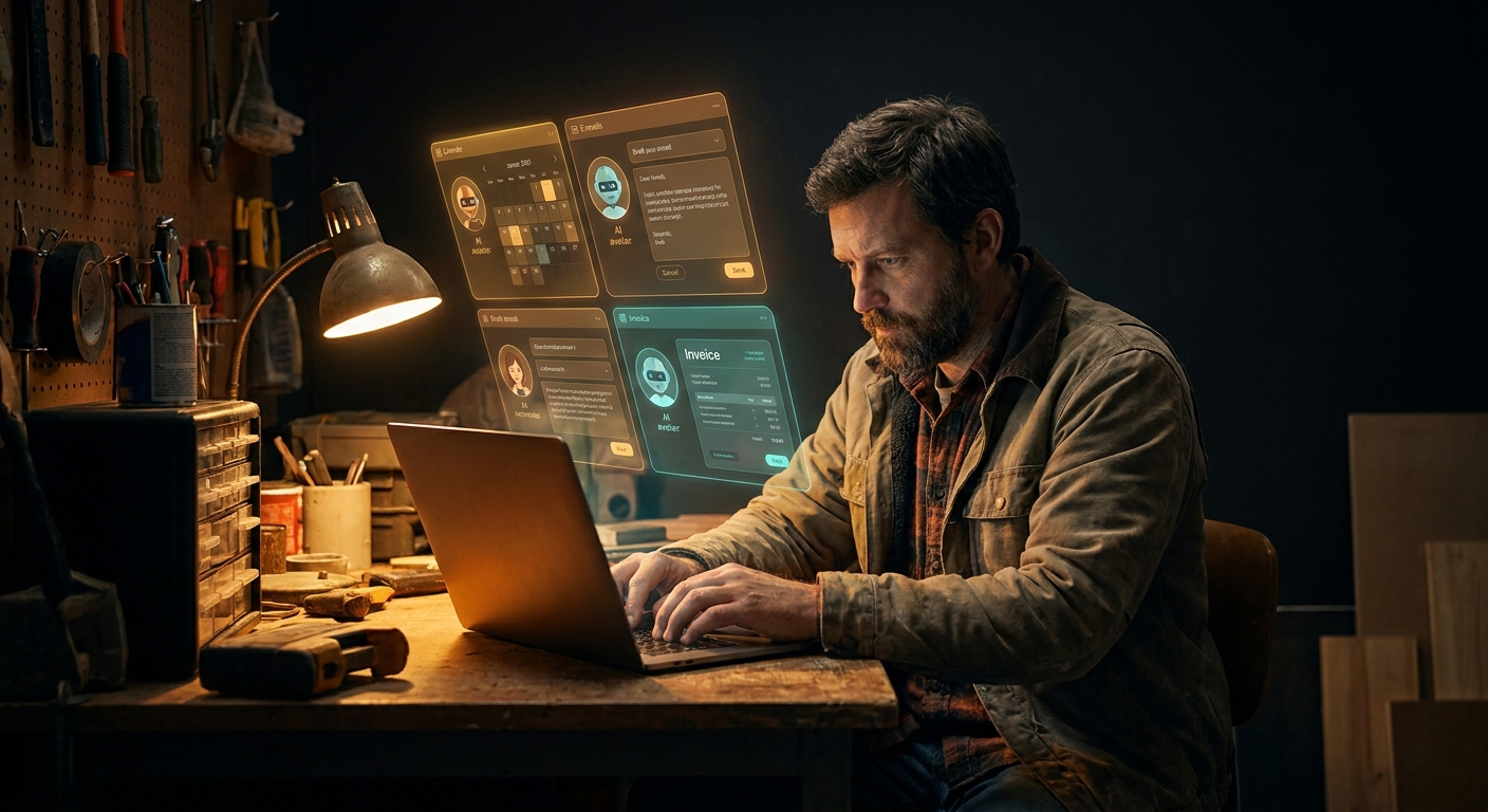 A trades worker in a canvas jacket sitting at a workshop desk late at night, laptop open with amber glow, holographic AI agent panels floating above showing scheduling, emails, and invoicing interfaces