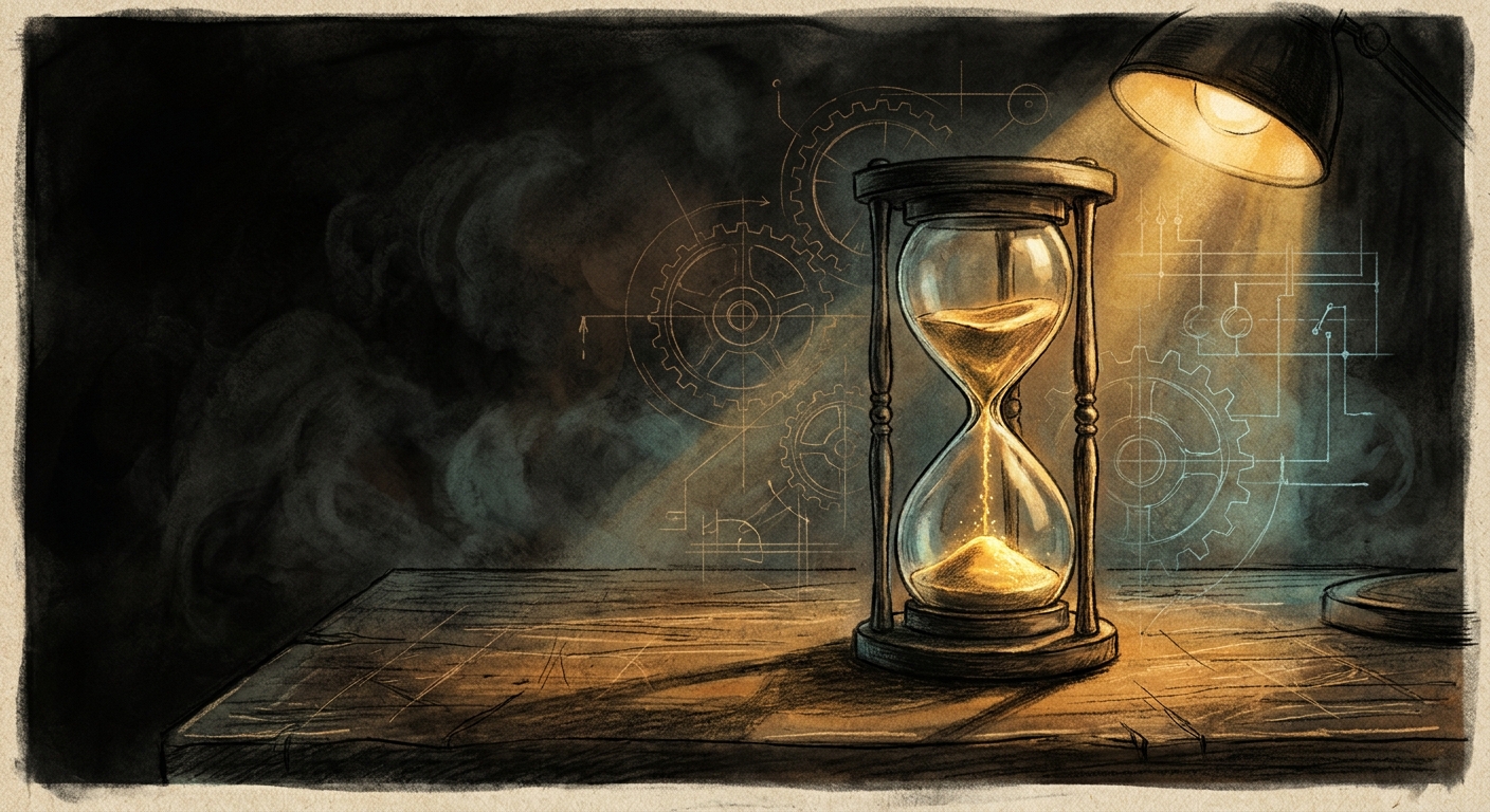 A warm charcoal illustration of an hourglass on a worn wooden desk, the falling sand catching amber light, with a faint blueprint of gears and connections rendered around it suggesting work being built