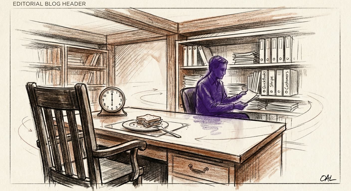 Charcoal sketch of an empty founder's chair at a desk with a half-finished lunch and a clock showing twelve thirty, behind which a calm seated CFO agent in deep purple is organizing paperwork into neat columns labeled QuickBooks Stripe and Customers