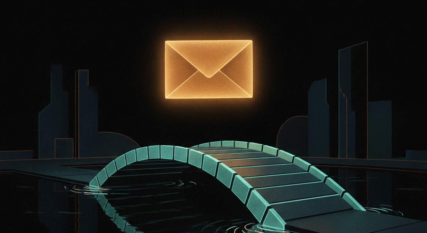 A glowing amber envelope with a lowered teal drawbridge inviting it across a dark moat
