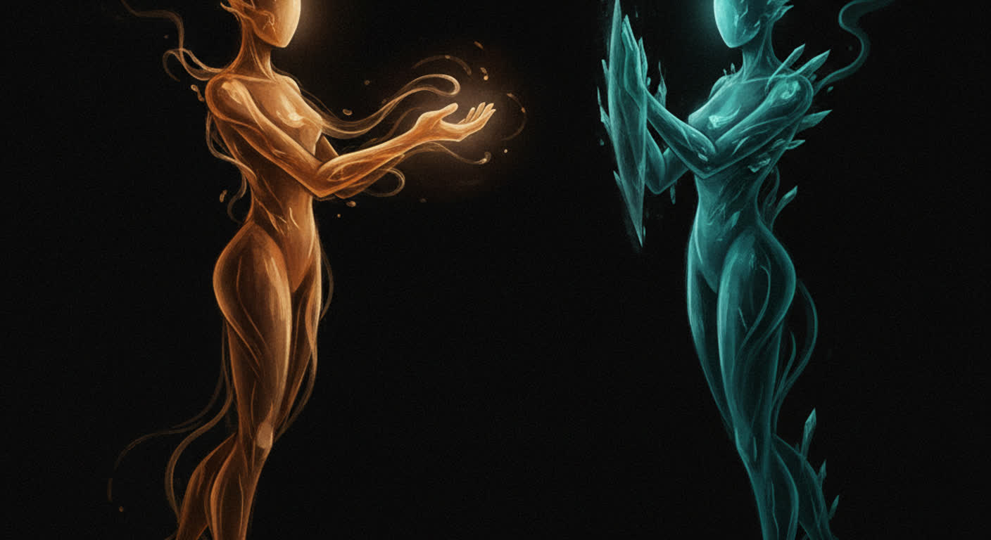 Two people on a dark background, one offering an open amber hand and the other relaxing a teal guard