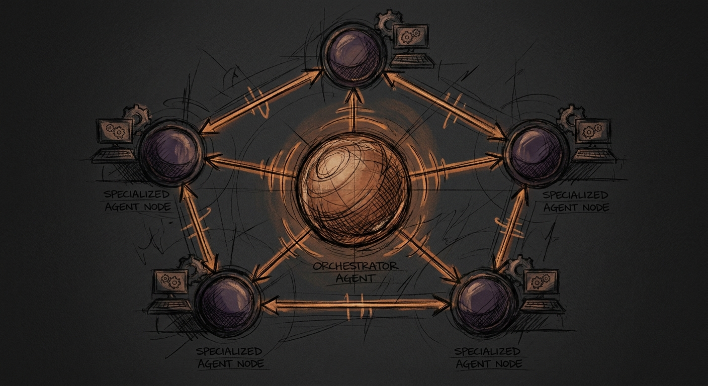A diagram showing an orchestrator agent at the center delegating tool-building tasks to specialized agents, each with their own development environment and deployment pipeline